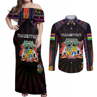 Personalized Mauritius Roots Couples Matching Off Shoulder Maxi Dress and Long Sleeve Button Shirt African Map in Fingerprint and Tribal Colors