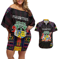 Personalized Mauritius Roots Couples Matching Off Shoulder Short Dress and Hawaiian Shirt African Map in Fingerprint and Tribal Colors