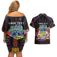 Personalized Mauritius Roots Couples Matching Off Shoulder Short Dress and Hawaiian Shirt African Map in Fingerprint and Tribal Colors