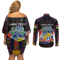 Personalized Mauritius Roots Couples Matching Off Shoulder Short Dress and Long Sleeve Button Shirt African Map in Fingerprint and Tribal Colors