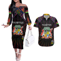 Personalized Mauritius Roots Couples Matching Off The Shoulder Long Sleeve Dress and Hawaiian Shirt African Map in Fingerprint and Tribal Colors