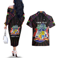 Personalized Mauritius Roots Couples Matching Off The Shoulder Long Sleeve Dress and Hawaiian Shirt African Map in Fingerprint and Tribal Colors