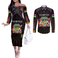 Personalized Mauritius Roots Couples Matching Off The Shoulder Long Sleeve Dress and Long Sleeve Button Shirt African Map in Fingerprint and Tribal Colors