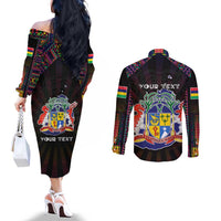 Personalized Mauritius Roots Couples Matching Off The Shoulder Long Sleeve Dress and Long Sleeve Button Shirt African Map in Fingerprint and Tribal Colors