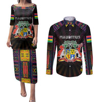 Personalized Mauritius Roots Couples Matching Puletasi and Long Sleeve Button Shirt African Map in Fingerprint and Tribal Colors