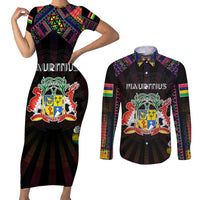 Personalized Mauritius Roots Couples Matching Short Sleeve Bodycon Dress and Long Sleeve Button Shirt African Map in Fingerprint and Tribal Colors