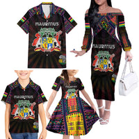 Personalized Mauritius Roots Family Matching Off The Shoulder Long Sleeve Dress and Hawaiian Shirt African Map in Fingerprint and Tribal Colors