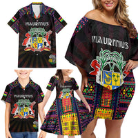 Personalized Mauritius Roots Family Matching Off Shoulder Short Dress and Hawaiian Shirt African Map in Fingerprint and Tribal Colors