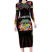 Personalized Mauritius Roots Long Sleeve Bodycon Dress African Map in Fingerprint and Tribal Colors