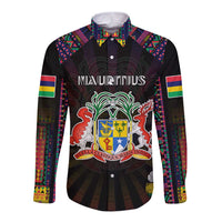 Personalized Mauritius Roots Long Sleeve Button Shirt African Map in Fingerprint and Tribal Colors