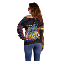 Personalized Mauritius Roots Off Shoulder Sweater African Map in Fingerprint and Tribal Colors