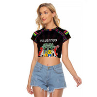 Personalized Mauritius Roots Raglan Cropped T Shirt African Map in Fingerprint and Tribal Colors