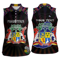 Personalized Mauritius Roots Women Sleeveless Polo Shirt African Map in Fingerprint and Tribal Colors