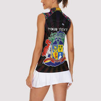 Personalized Mauritius Roots Women Sleeveless Polo Shirt African Map in Fingerprint and Tribal Colors
