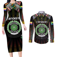 Personalized Comoros Roots Couples Matching Long Sleeve Bodycon Dress and Long Sleeve Button Shirt African Map in Fingerprint and Tribal Colors