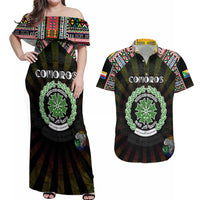 Personalized Comoros Roots Couples Matching Off Shoulder Maxi Dress and Hawaiian Shirt African Map in Fingerprint and Tribal Colors
