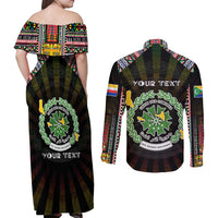 Personalized Comoros Roots Couples Matching Off Shoulder Maxi Dress and Long Sleeve Button Shirt African Map in Fingerprint and Tribal Colors