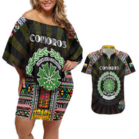 Personalized Comoros Roots Couples Matching Off Shoulder Short Dress and Hawaiian Shirt African Map in Fingerprint and Tribal Colors