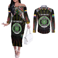 Personalized Comoros Roots Couples Matching Off The Shoulder Long Sleeve Dress and Long Sleeve Button Shirt African Map in Fingerprint and Tribal Colors