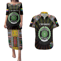 Personalized Comoros Roots Couples Matching Puletasi and Hawaiian Shirt African Map in Fingerprint and Tribal Colors