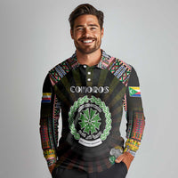 Personalized Comoros Roots Long Sleeve Polo Shirt African Map in Fingerprint and Tribal Colors