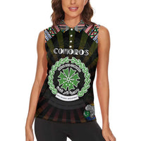Personalized Comoros Roots Women Sleeveless Polo Shirt African Map in Fingerprint and Tribal Colors
