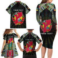 Personalized Mozambique Roots Family Matching Long Sleeve Bodycon Dress and Hawaiian Shirt African Map in Fingerprint and Tribal Colors