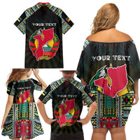 Personalized Mozambique Roots Family Matching Off Shoulder Short Dress and Hawaiian Shirt African Map in Fingerprint and Tribal Colors