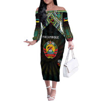 Personalized Mozambique Roots Off The Shoulder Long Sleeve Dress African Map in Fingerprint and Tribal Colors