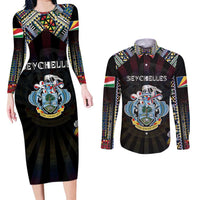 Personalized Seychelles Roots Couples Matching Long Sleeve Bodycon Dress and Long Sleeve Button Shirt African Map in Fingerprint and Tribal Colors