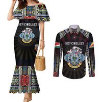 Personalized Seychelles Roots Couples Matching Mermaid Dress and Long Sleeve Button Shirt African Map in Fingerprint and Tribal Colors