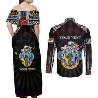 Personalized Seychelles Roots Couples Matching Off Shoulder Maxi Dress and Long Sleeve Button Shirt African Map in Fingerprint and Tribal Colors