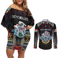 Personalized Seychelles Roots Couples Matching Off Shoulder Short Dress and Long Sleeve Button Shirt African Map in Fingerprint and Tribal Colors