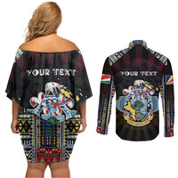 Personalized Seychelles Roots Couples Matching Off Shoulder Short Dress and Long Sleeve Button Shirt African Map in Fingerprint and Tribal Colors