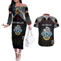 Personalized Seychelles Roots Couples Matching Off The Shoulder Long Sleeve Dress and Hawaiian Shirt African Map in Fingerprint and Tribal Colors