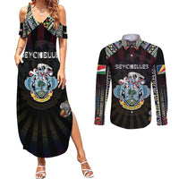 Personalized Seychelles Roots Couples Matching Summer Maxi Dress and Long Sleeve Button Shirt African Map in Fingerprint and Tribal Colors
