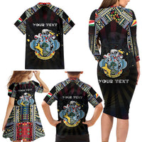 Personalized Seychelles Roots Family Matching Long Sleeve Bodycon Dress and Hawaiian Shirt African Map in Fingerprint and Tribal Colors