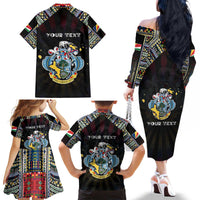 Personalized Seychelles Roots Family Matching Off The Shoulder Long Sleeve Dress and Hawaiian Shirt African Map in Fingerprint and Tribal Colors