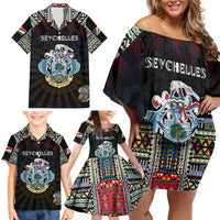 Personalized Seychelles Roots Family Matching Off Shoulder Short Dress and Hawaiian Shirt African Map in Fingerprint and Tribal Colors