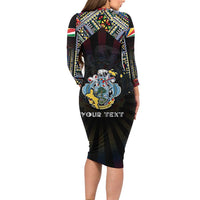 Personalized Seychelles Roots Long Sleeve Bodycon Dress African Map in Fingerprint and Tribal Colors