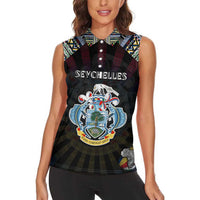 Personalized Seychelles Roots Women Sleeveless Polo Shirt African Map in Fingerprint and Tribal Colors