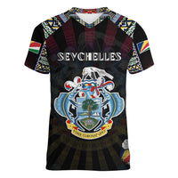 Personalized Seychelles Roots Women V-Neck T-Shirt African Map in Fingerprint and Tribal Colors