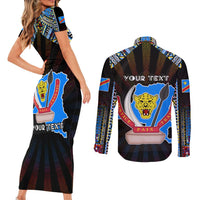 Personalized DR Congo Roots Couples Matching Short Sleeve Bodycon Dress and Long Sleeve Button Shirt African Map in Fingerprint and Tribal Colors