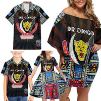 Personalized DR Congo Roots Family Matching Off Shoulder Short Dress and Hawaiian Shirt African Map in Fingerprint and Tribal Colors