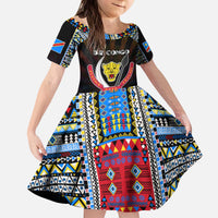 Personalized DR Congo Roots Kid Short Sleeve Dress African Map in Fingerprint and Tribal Colors