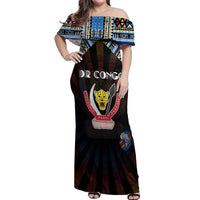 Personalized DR Congo Roots Off Shoulder Maxi Dress African Map in Fingerprint and Tribal Colors