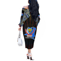 Personalized DR Congo Roots Off The Shoulder Long Sleeve Dress African Map in Fingerprint and Tribal Colors