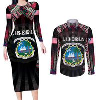 Personalized Liberia Roots Couples Matching Long Sleeve Bodycon Dress and Long Sleeve Button Shirt African Map in Fingerprint and Tribal Colors