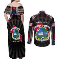 Personalized Liberia Roots Couples Matching Off Shoulder Maxi Dress and Long Sleeve Button Shirt African Map in Fingerprint and Tribal Colors