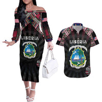 Personalized Liberia Roots Couples Matching Off The Shoulder Long Sleeve Dress and Hawaiian Shirt African Map in Fingerprint and Tribal Colors